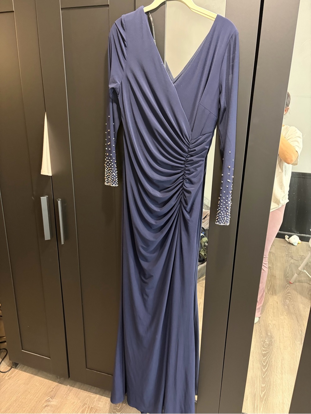Xscape Navy Long Sleeve Ruched Evening Gown with Embellished Cuffs